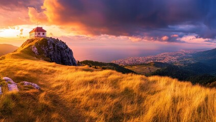 A Scenic Sunset View With A House On Top Of A Mountain