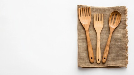 Wooden Cooking Utensils on Natural Fabric Surface