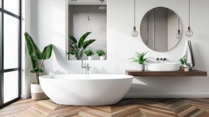 Fototapeta premium A modern, sunlit bathroom featuring a white bathtub, green plants, a wooden floor, and simple decor, radiating tranquility and contemporary style.