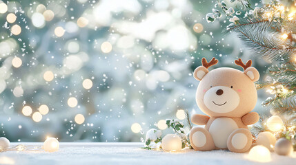 Fototapeta premium cute reindeer plush toy sits beside decorated Christmas tree, surrounded by soft snowflakes and warm lights, creating magical winter atmosphere