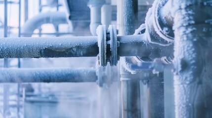 Frost-covered industrial pipes creating a stark, cold, and technical visual in a high-tech, frosty environment.