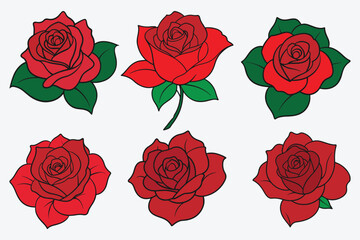 Set of decorative red rose. with green leaves. Vector illustration. Flower icon. Beautiful red rose Isolated on white background. Realistic red rose lying on white background. Vector illustration.