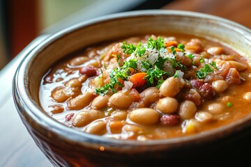 A bowl of chili with beans, carrots, and parsley. The bowl is full and the food looks delicious