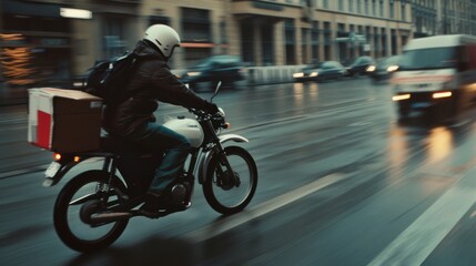 A motorcyclist rides through a city street on a rainy day, delivering packages amidst the blur of evening traffic.