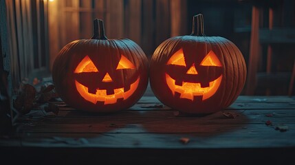 Obraz premium Halloween Jack O Lantern pumpkins, carved and glowing on a wooden table with room for text.