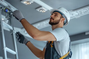 Electrician On Stepladder Installs Lighting To The Ceiling, Generative AI