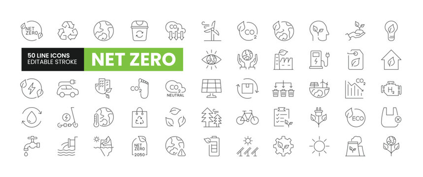 Set of 50 Net Zero line icons set. Net Zero outline icons with editable stroke collection. Includes Recycling, Carbon Neutral, Green Energy, Green City, Eco System, and More.