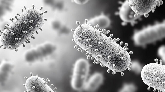 Microscopic view of bacteria in monochrome, showcasing their unique shapes and structures. image highlights intricate details of bacterial forms, evoking sense of curiosity about microbial world