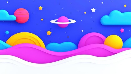 Colorful abstract landscape with planets and stars, vibrant shapes on a blue background.