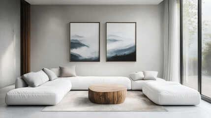 Modern living room interior featuring a white sectional sofa, wooden coffee table, and large landscape paintings. Natural light illuminates the space, creating a serene and calming atmosphere