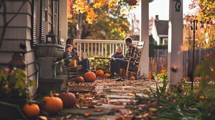 A family relaxes on a cozy porch, surrounded by pumpkins and autumn leaves, enjoying the golden hues of the fall season.