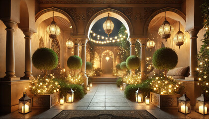 Elegant courtyard with festive lanterns and holiday lights at night