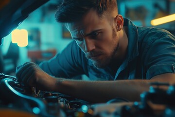 Skilled mechanic inspecting engine components in a workshop