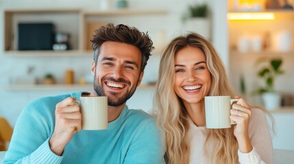A man and a woman are smiling and holding coffee mugs