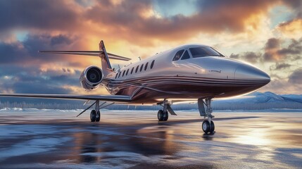 Obraz premium A sleek private jet parked on a runway during a colorful sunset.