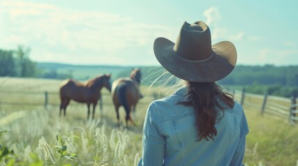 A back view of a person wearing a cowboy hat, gazing at distant horses in a sunlit field, illustrating a simple and peaceful moment in nature.