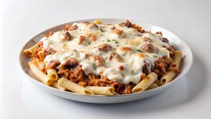 A plate of penne pasta with meat sauce, meatballs, and melted mozzarella cheese.