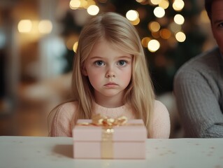 Portrait of a sad young girl with a gift box in a holiday setting with bokeh lights
