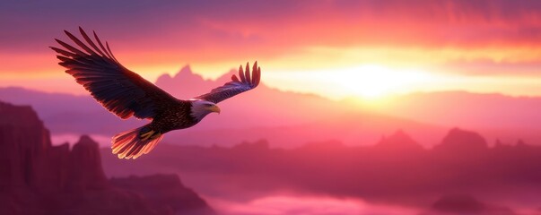 Eagle soaring through the colorful sky at sunset, capturing the essence of freedom and nature's beauty.