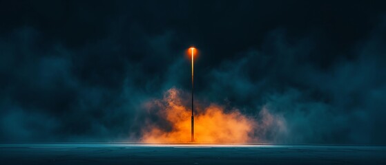 Fototapeta premium Film grain texture image of a lone streetlight reflecting fire, subtle glow in the mist, moody vintage photography