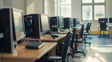 A row of unoccupied computer workstations in a bright, modern, and minimalistic office setting, illuminated by natural light from large windows.
