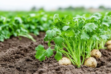 Obraz premium Fresh cilantro plants growing in rich soil, showcasing vibrant green leaves and earthy background.