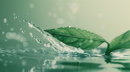 Fresh green leaves adorned with droplets emerge from the water, symbolizing life and renewal amidst nature's pure essence.