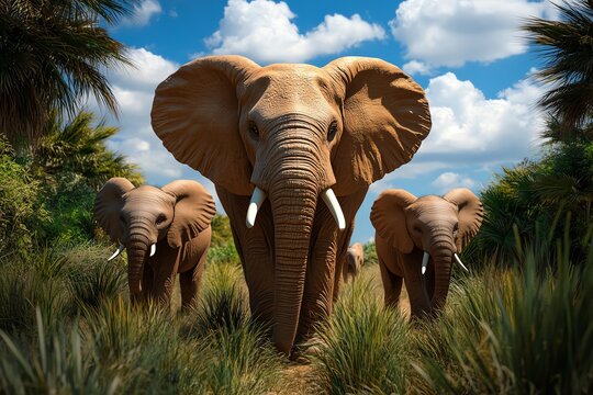 3D digital model of a family of elephants walking through a lush grassland, with detailed animations of their movements and interactions bringing the scene to life