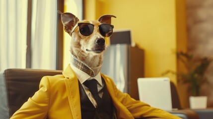 A poised dog in a yellow suit and black sunglasses sits in an office-like setting, exuding...