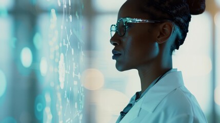 A focused scientist wearing glasses and a lab coat gazes at a futuristic holographic interface in a dimly lit lab.