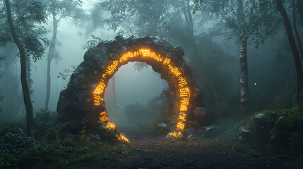 Mystical rune covered stone archway glowing in the misty woods. Rune Stones. Illustration