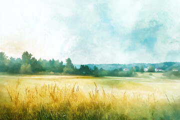 Fototapeta premium Summer landscape. Drawing in watercolor, Ai