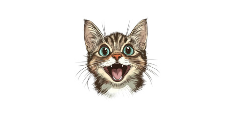 Happy cat illustration with large eyes and open mouth, showcasing joyful expression. This playful design captures essence of feline charm and liveliness