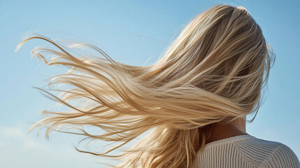 Flowing blonde hair dances in wind against clear blue sky, creating serene and captivating scene. gentle movement evokes sense of freedom and tranquility