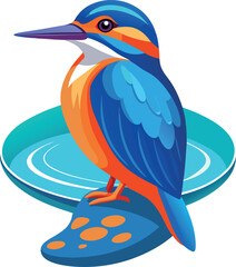 A kingfisher bird illustrated in a vector style, resting on a rock in a flowing river, emphasizing its bright colors and natural setting