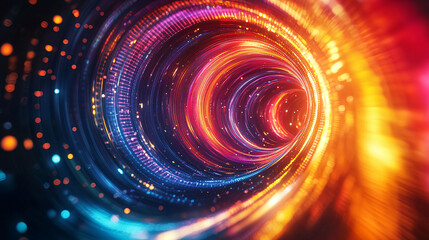 swirling vortex of vibrant colors creates mesmerizing visual experience, showcasing chaotic energy and dynamic movement. interplay of light and color evokes sense of wonder and excitement
