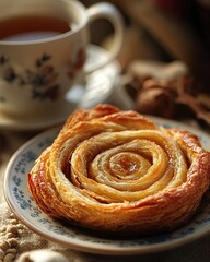 Golden Hour Pastry: A delectable rose-shaped pastry, golden brown and glistening, sits on a vintage plate alongside a cup of tea, bathed in the warm glow of golden hour light.