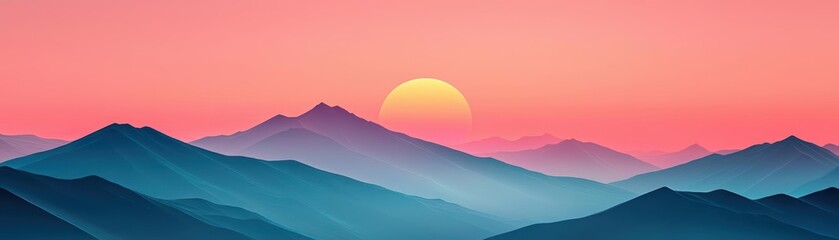 Majestic mountains silhouetted against a vibrant sunset, creating a serene and picturesque landscape.