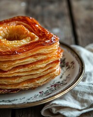 Golden Pastry Perfection: Layers of flaky, golden pastry stacked high on a vintage plate, creating a mouthwatering image of deliciousness and artisanal baking. 
