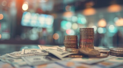 Stacks of coins and scattered bills are arranged with a colorful bokeh backdrop, symbolizing wealth, finance, and economic prosperity.