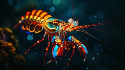 A vibrant, colorful shrimp floats in an oceanic dreamscape, its vivid hues mesmerizing against a backdrop of blue bokeh lights.