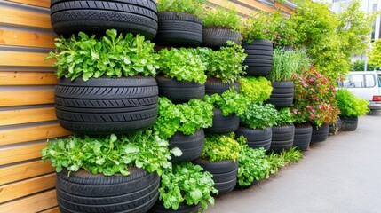 Green Urban Wall with Recycled Tire Planters