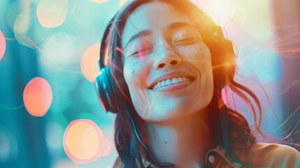 A woman immersed in music, eyes closed, as vibrant colors and light dance around her, embodying joy.