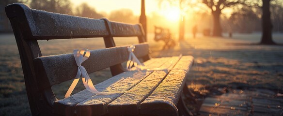 Park Bench with White Ribbon in Serene Autumn Setting, White Ribbon day