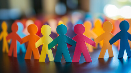 Colorful paper people figures create vibrant scene, symbolizing unity and diversity. selective focus highlights cheerful arrangement, evoking sense of community and togetherness
