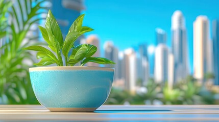 Fototapeta premium Vibrant green plant in a blue pot against a blurred city skyline background.