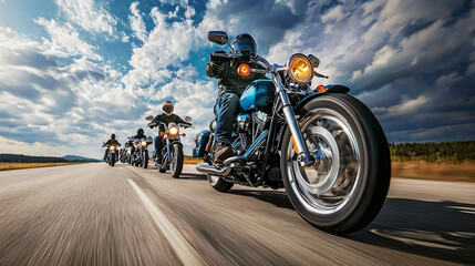 group of motorcyclists traveling together on scenic road, showcasing thrill of adventure and camaraderie. powerful bikes and dynamic sky create exhilarating atmosphere