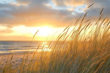 Golden Hour Beach Grass by the Sea. AI generated illustration