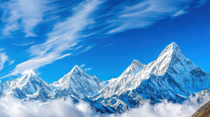 Obraz premium Breathtaking panoramic view of snow-covered mountain peaks under a clear blue sky with wispy white clouds
