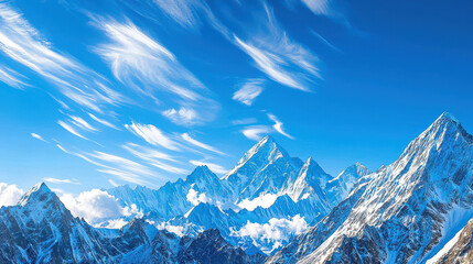 Obraz premium Majestic snow-capped mountains under a bright blue sky with wispy clouds, stunning view of a winter landscape